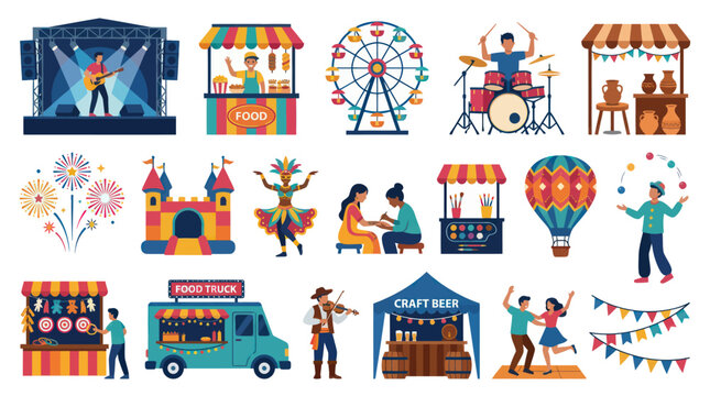 Flat Vector Festival and Fair Elements Collection: Entertainment, Food, Music, and Game Booths Scenes