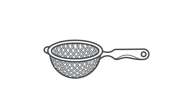 Industrial Style Black and White Line Drawing of a Wire Mesh Strainer with Handle for Kitchen Use