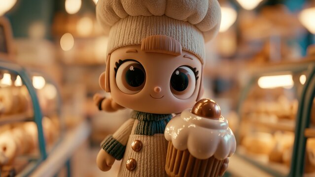 Cute chibi chef girl holds large vanilla cupcake in bakery.