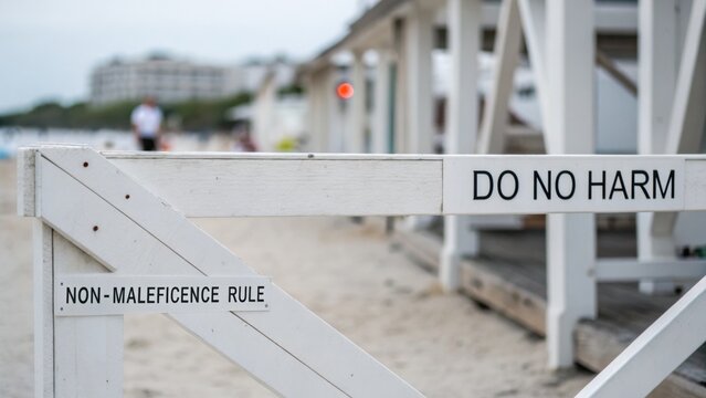 Wooden Fence Sign at Beach Communicating Non-Maleficence Rule with Clear Message Promoting Safety and Care in Environment