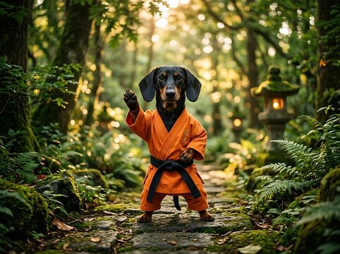 Black dachshund dog in karate uniform training in the forest