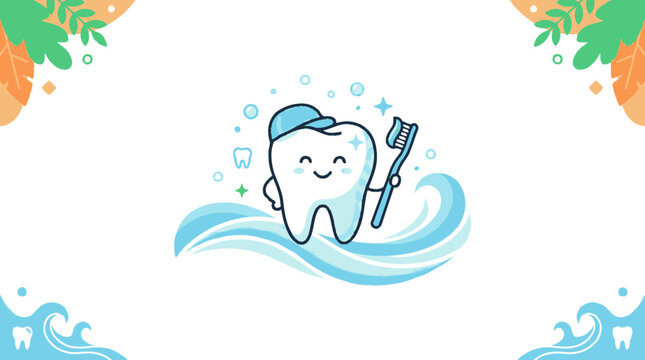 Happy Tooth Brushing Teeth Cartoon with Toothbrush and Waves