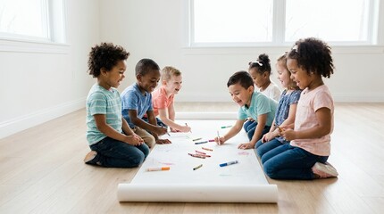 Fototapeta premium Diverse group of happy young children sitting on the floor, collaborating on a large drawing project with colorful markers in a bright classroom.