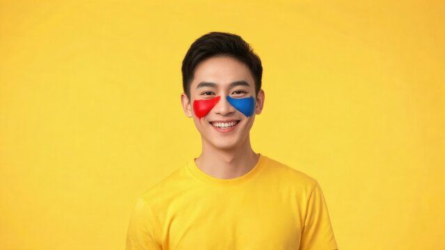 Young man with colorful face paint on yellow background