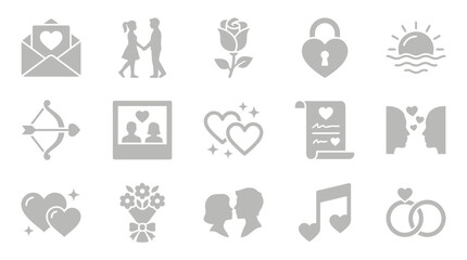 Fototapeta premium Collection of romantic icons representing love, relationships, and celebrations like weddings and Valentine's Day.