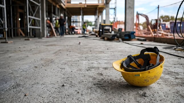 Construction site with a yellow hard hat on the ground