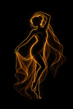 Glowing golden silhouette of dancing woman on black background.