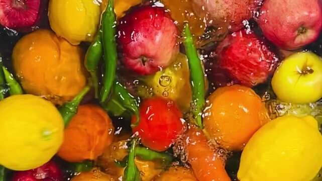 Slow Motion Fruits and Vegetables Falling into Water Splash, High-Speed Camera Footage of Carrot Tomato Apple, Food Hygiene Commercial, 16:9 Landscape Video