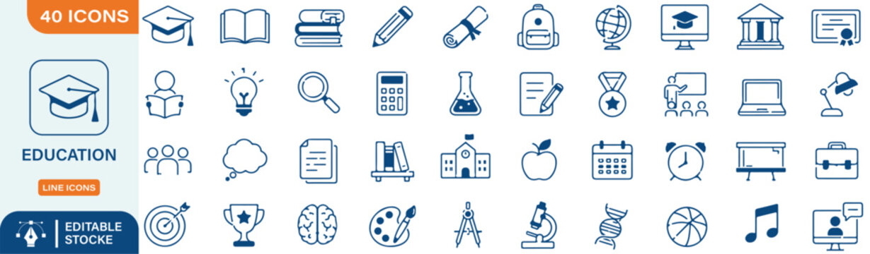 Education and School Line Icons Bundle - Vector Learning, University, and Study Symbols Set