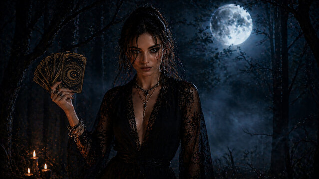 Mystic woman with tarot cards by fire under full moon in forest.