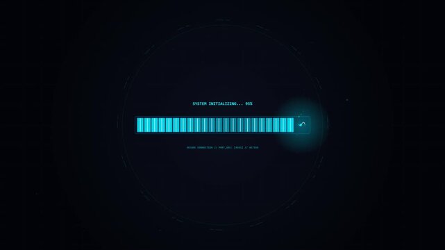 Futuristic HUD Loading Screen with System Initializing Progress Bar and Blue Glow Interface on Dark Background