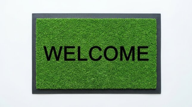Rectangular green artificial grass doormat with the word welcome printed in black letters, isolated on a plain white background, for home entry