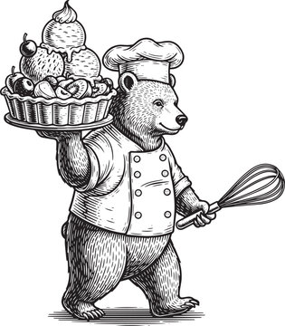 Engraved illustration of a bear chef holding a fruit pie and a w