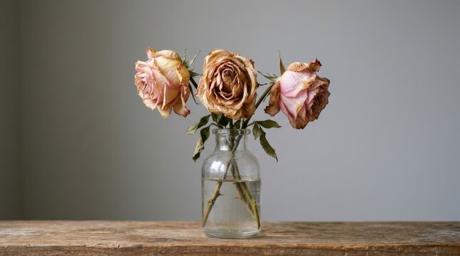 Three withered pink roses in a clear glass vase placed on a rustic wooden table against a plain light gray wall background, in a room