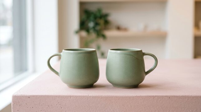 Two light green ceramic mugs with a matte finish placed side by side on a light pink textured surface with a blurred interior background view