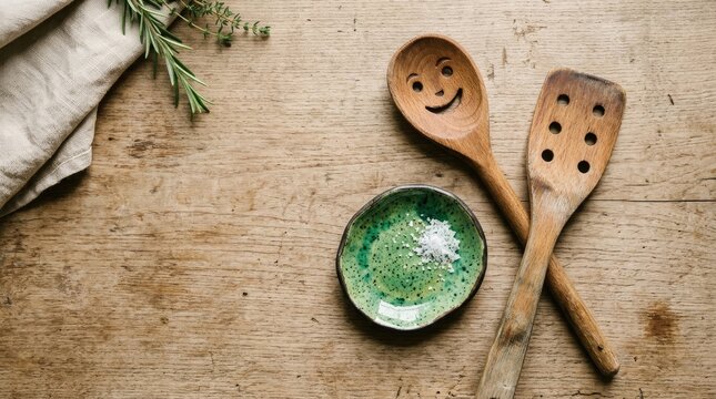 Wooden kitchen utensils including a smiley face spoon and a slotted spatula resting on a rustic wooden table with a small green bowl of sea salt
