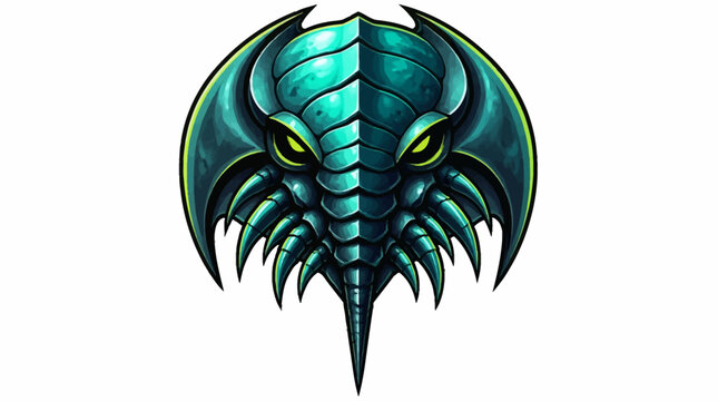 Fierce Green Alien Creature Head with Glowing Yellow Eyes.