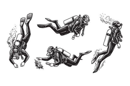 Set of 4 black and white scuba diver vector illustrations. Features divers exploring underwater with gear in a vintage engraving style.