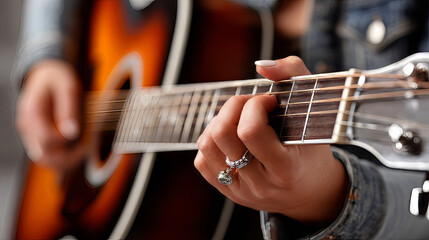 Obraz premium A close-up shot focuses on a person's hand pressing chords on the fretboard of an acoustic guitar, capturing a moment of musical expression with shallow depth of field.