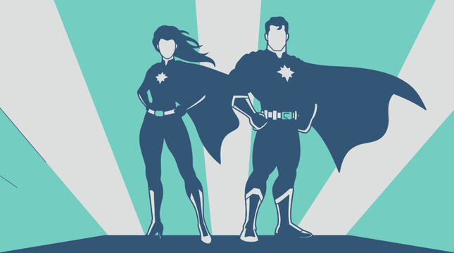 Illustration vectorielle de deux super-h&eacute;ros, un homme et une femme, debout avec assurance dans une pose h&eacute;ro&iuml;que sur un fond graphique aux rayons de soleil stylis&eacute;s.