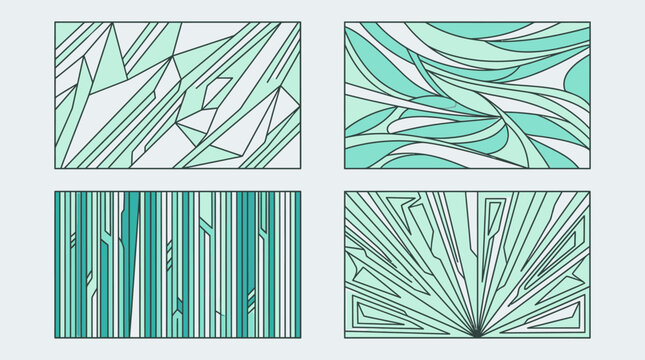 Ensemble de quatre motifs abstraits g&eacute;om&eacute;triques aux tons vert menthe et blanc, comprenant des lignes fluides, des formes polygonales et des textures lin&eacute;aires modernes pour le design graphique.