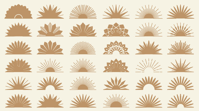 Ensemble d'ic&ocirc;nes de soleil levant et de rayons de soleil de style vintage, &eacute;l&eacute;ments graphiques d&eacute;coratifs en demi-cercle pour logos, embl&egrave;mes et designs minimalistes sur fond beige.