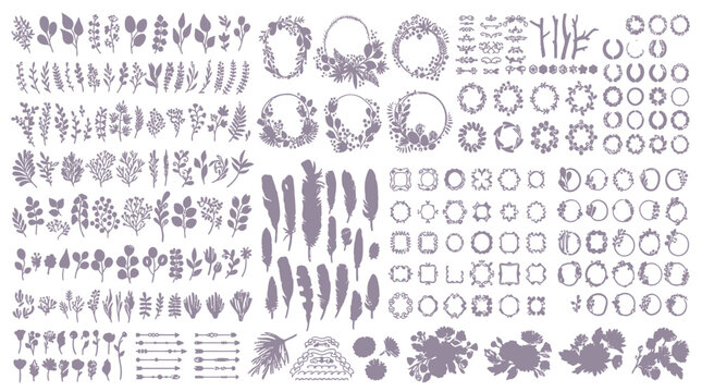 Ensemble complet d'&eacute;l&eacute;ments graphiques botaniques dessin&eacute;s &agrave; la main, comprenant des branches, des fleurs, des couronnes, des plumes et des cadres d&eacute;coratifs isol&eacute;s sur fond blanc.