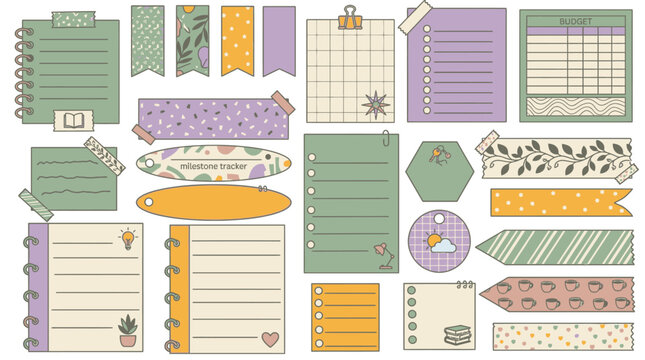 Ensemble d'&eacute;l&eacute;ments de papeterie d&eacute;coratifs avec des notes adh&eacute;sives, des listes de t&acirc;ches, des marque-pages et des autocollants aux tons pastel pour le scrapbooking et l'organisation.