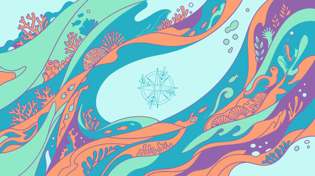 Illustration vectorielle abstraite d'un fond marin avec des vagues fluides, des coraux color&eacute;s, des algues et une boussole centrale, parfaite pour un design oc&eacute;anique dynamique.