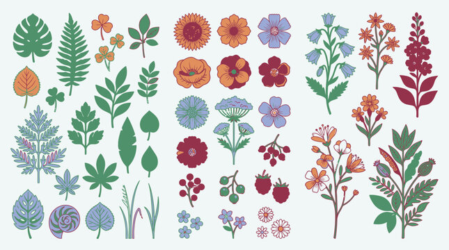 Ensemble d'illustrations vectorielles de fleurs sauvages, feuilles tropicales et &eacute;l&eacute;ments botaniques color&eacute;s isol&eacute;s sur un fond clair, parfaits pour le design graphique et la d&eacute;coration.