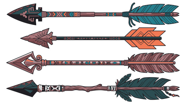Ensemble d'illustrations vectorielles de quatre fl&egrave;ches d&eacute;coratives de style tribal avec des plumes color&eacute;es, des motifs g&eacute;om&eacute;triques et des pointes de fl&egrave;ches artisanales d&eacute;taill&eacute;es sur fond blanc.