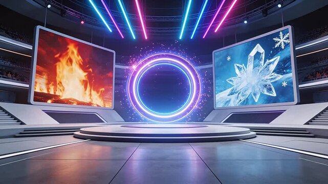 Futuristic stage with fire and ice visuals