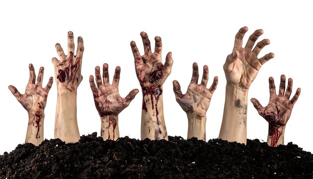 Rising bloody zombie hands emerging from dark soil, halloween horror concept, fear and suspense, macabre scene