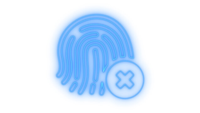 Colorful neon biometric fingerprint authentication failed icon with a cross mark symbol for security access denied concept isolated on transparent background illustration