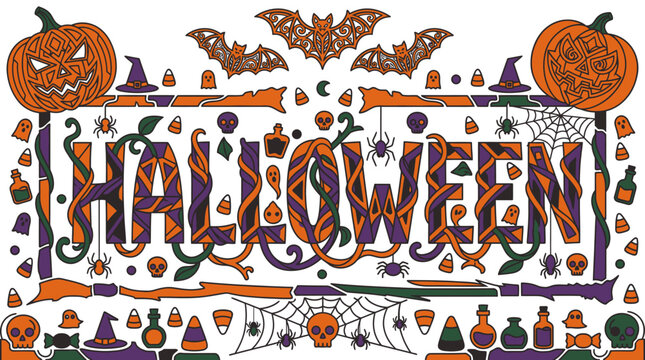 Illustration festive de "Halloween" avec des citrouilles, des chauves-souris, des araign&eacute;es, des chapeaux de sorci&egrave;re et des bonbons, style dessin anim&eacute;.