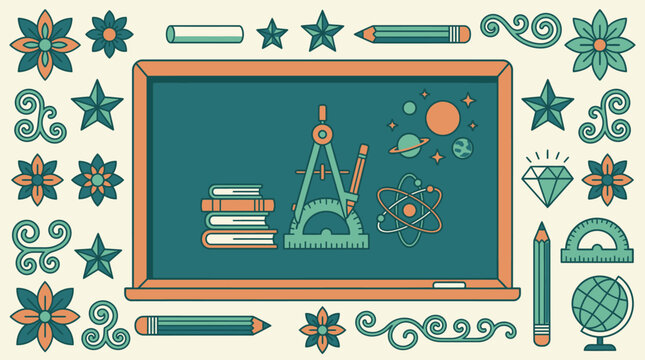 Illustration d'une salle de classe avec un tableau noir rempli d'outils d'apprentissage, de livres et d'objets c&eacute;lestes.