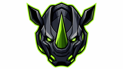 Stylized robotic rhinoceros head with glowing green accents. © greenscreen