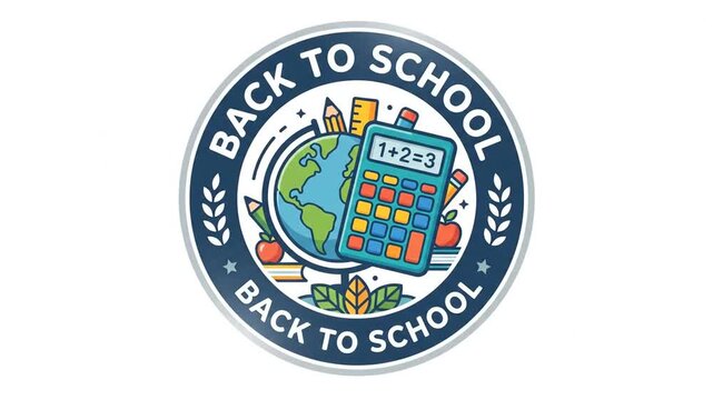 Back to school badge with globe calculator and stationery on white background