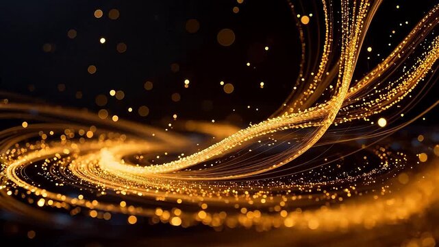 Golden swirling light particles on dark background