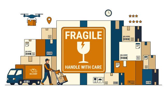Delivery worker with van and stack of fragile boxes.