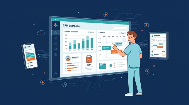 Healthcare professional analyzing patient recovery metrics on digital crm dashboard with mobile integration with electronic health records with medical professional interacting