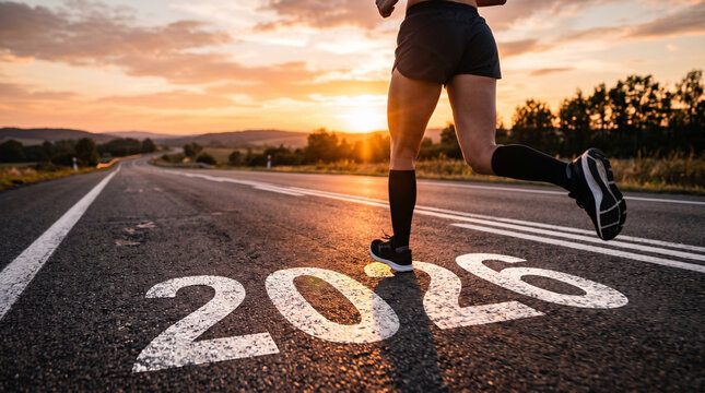 Runner athlete on road at sunset with year 2026 painted on asphalt.