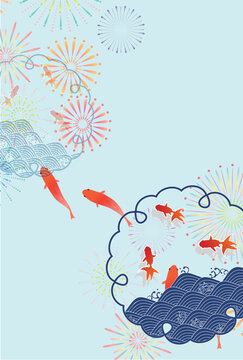 Goldfish swimming among fireworks and traditional Japanese clouds