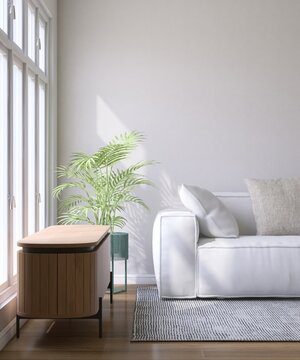 Modern, minimal living room with white sofa on rug, wooden sideboard cabinet, houseplant on hardwood floor in sunlight from window on wall for luxury interior design decoration, product background 3D