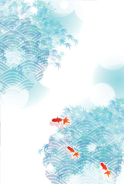 Goldfish Swimming Among Blue Maple Leaves and Waves