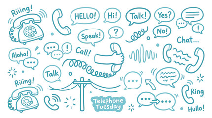 Collection of hand-drawn telephone and communication doodles, including vintage phones, speech bubbles, and sound waves. © Meila