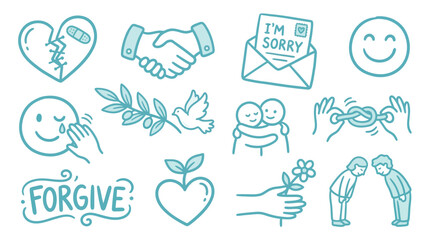 Naklejka premium Collection of hand-drawn icons representing forgiveness, apology, peace, and reconciliation with a simple, clean style.