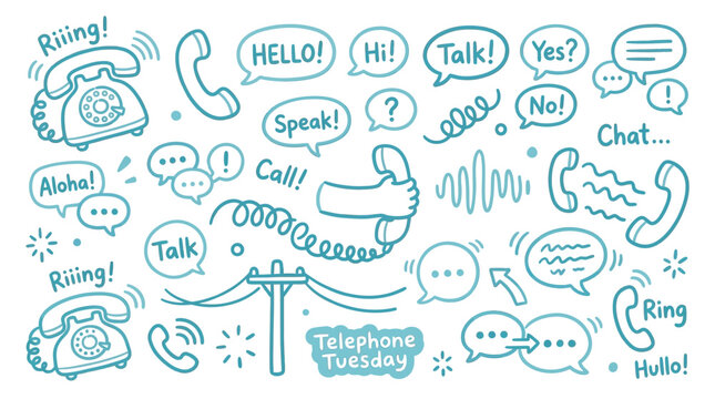 Collection of hand-drawn telephone and communication doodles, including vintage phones, speech bubbles, and sound waves.