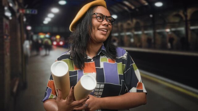 Young african american woman holding rolled blueprints at subway station, smiling with rings and septum piercing; urban confidence.
