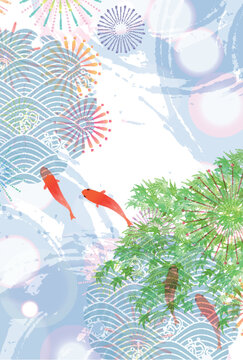 Summer Japanese Festival Background with Koi Fish Fireworks and Green Maple Leaves